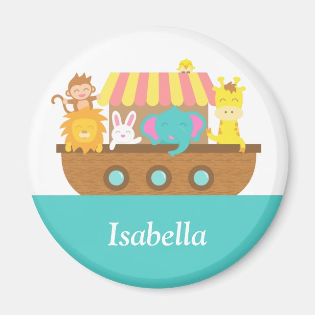 Noahs Ark Cute Animals On Boat Kids Personalized Magnet (Front)