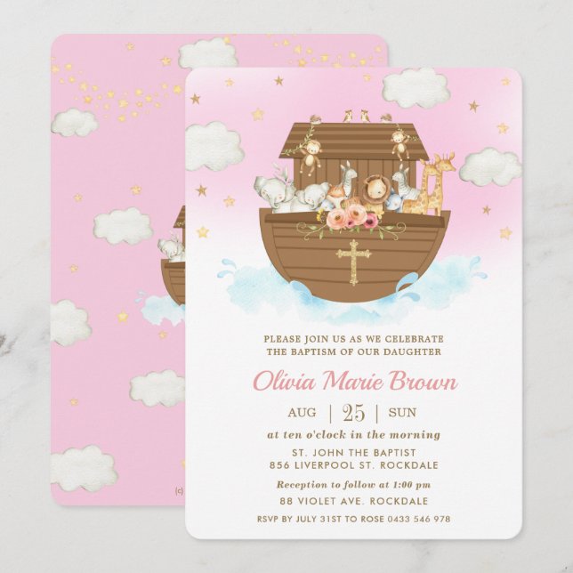 Noah's Ark Cute Animals Pink Baptism Christening  Invitation (Front/Back)
