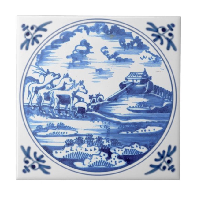 Noah's Ark Delft Blue Bible Story Antique Repro Tile (Front)