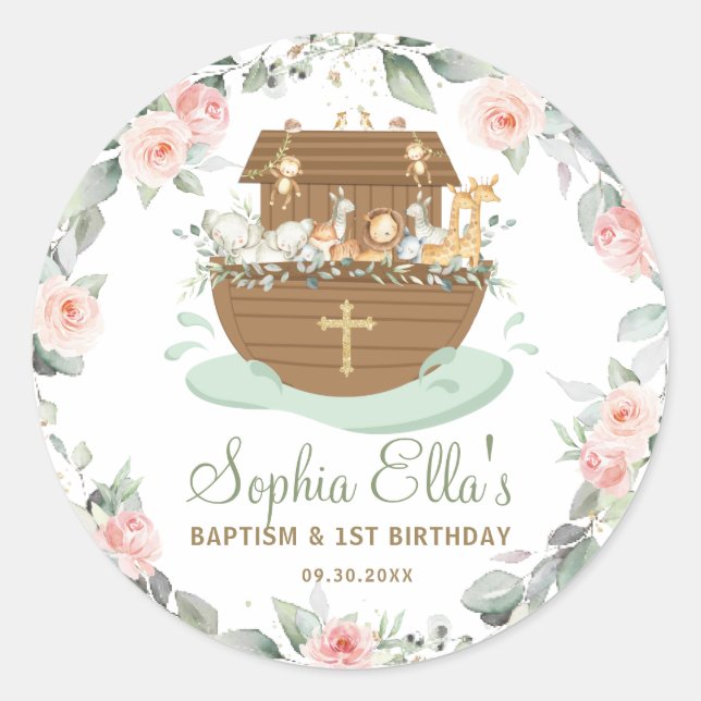 Noah's Ark Flowers Baptism Christening Birthday  Classic Round Sticker (Front)