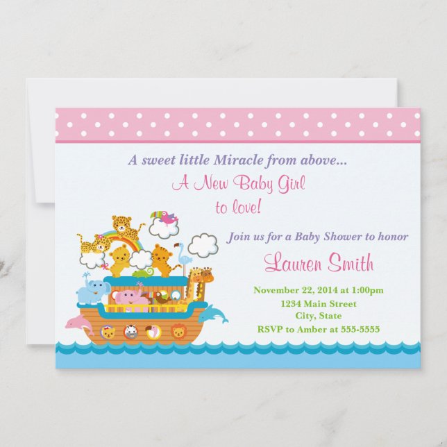 Noah's Ark Girl Baby Shower Invitation 5x7 Card (Front)