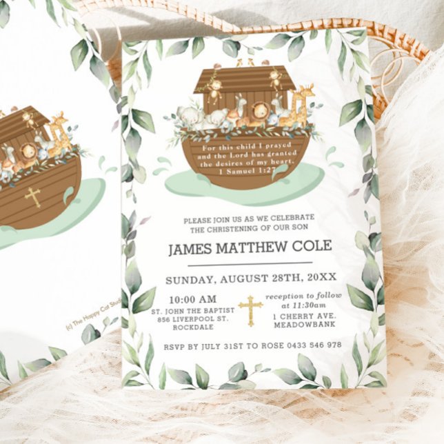Noah's Ark Greenery Baptism Christening Neutral In Invitation (Creator Uploaded)