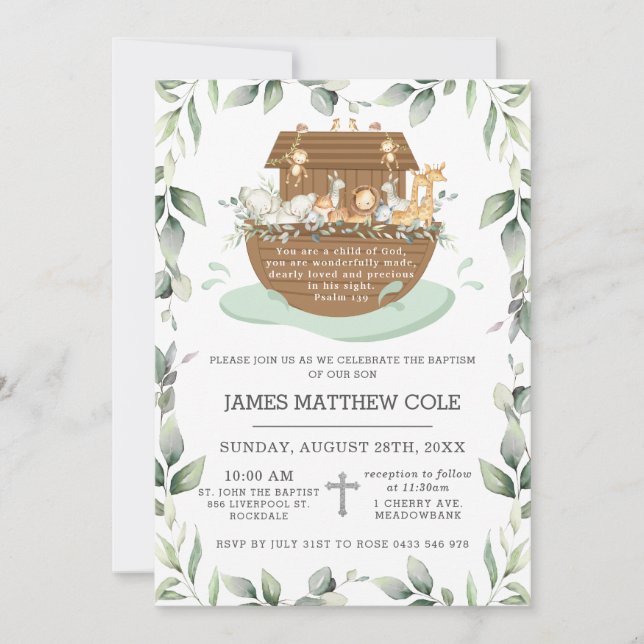 Noah's Ark Greenery Baptism Christening Neutral In Invitation (Front)