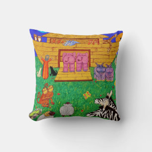 Noah's Ark illustration Rainbow Funny Elephant Throw Pillow