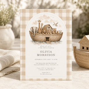 Noah's Ark Neutral Gingham Baby Shower Invitation