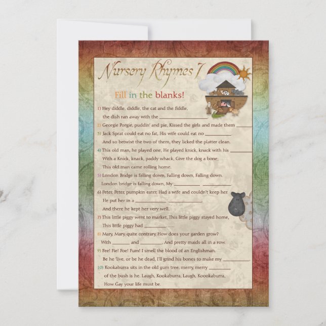 Noah's Ark Nursery Rhyme Baby Shower Games (Front)