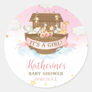 Noah's Ark Pink Animals Girl Baby Shower Favor  Classic Round Sticker