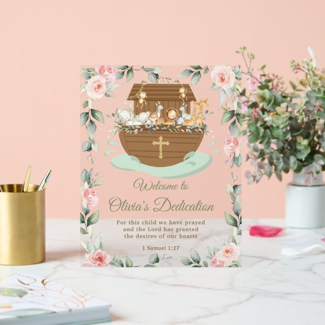 Noah's Ark Pink Floral Dedications Christening Acrylic Sign (Wedding)