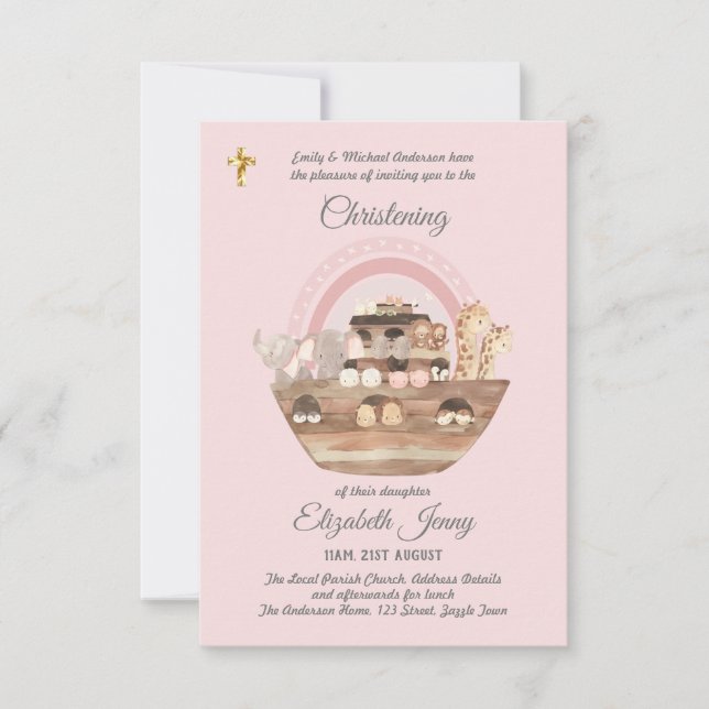 Noah's Ark Pink Girls Christening Invite Baptism  (Front)