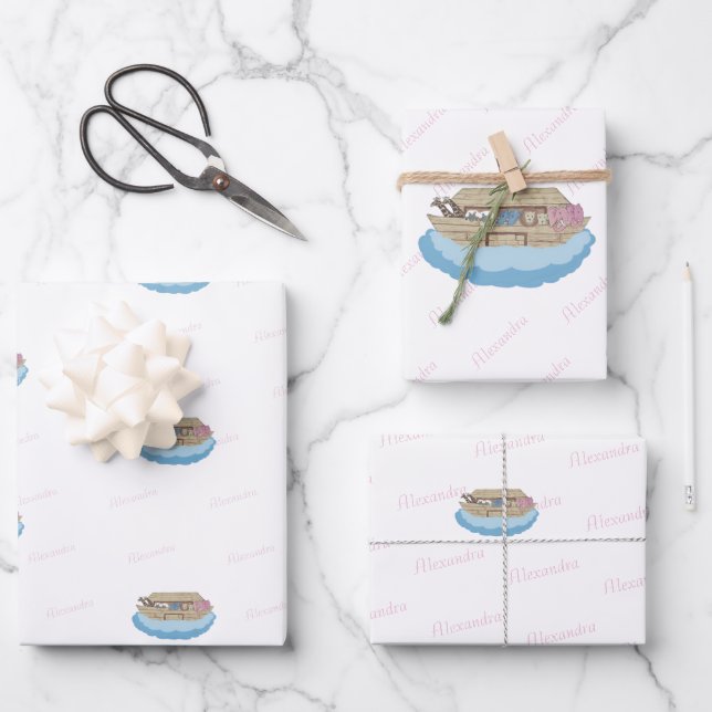 Noah's Ark  Pink Script Girl Baby Shower Wrapping Paper Sheet (Front)