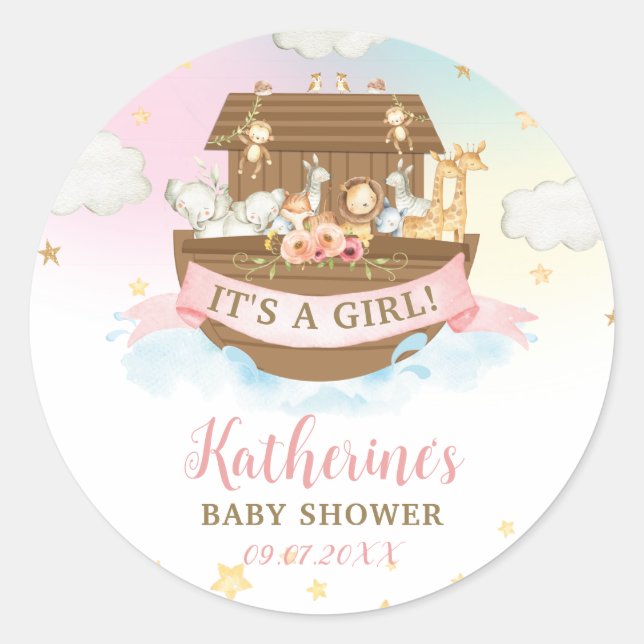 Noah's Ark Rainbow Animals Girl Baby Shower Favour Classic Round Sticker (Front)