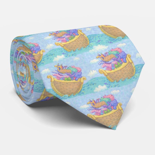 Noah's Ark Religious Novelty Blue Pattern Tie (Rolled)