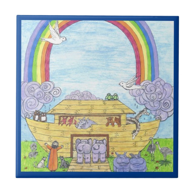 Noah's Ark  Watercolor Rainbow Animal Elephant Tile (Front)