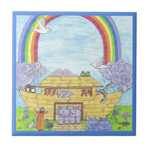 Noah's Ark Watercolor Rainbow Animal Elephant Tile
