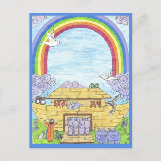 Noah's Ark  Watercolor Rainbow Funny Elephant Announcement Postcard (Front)