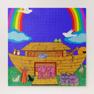 Noah's Ark Watercolor Rainbow Funny Elephant  Jigsaw Puzzle
