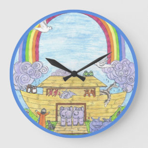 Noah's Ark Watercolor Rainbow Funny Elephant  Large Clock