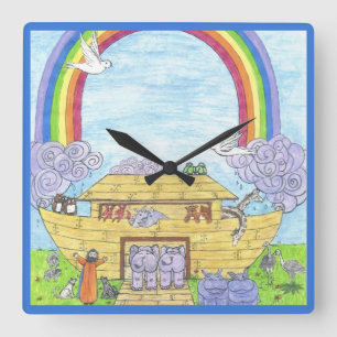 Noah's Ark Watercolor Rainbow Funny Elephant  Square Wall Clock