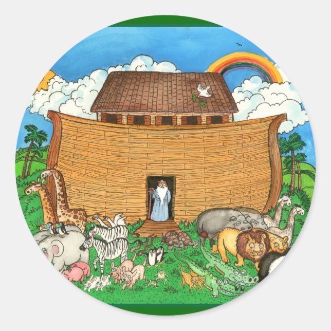 Noah's Ark with Rainbow Classic Round Sticker (Front)