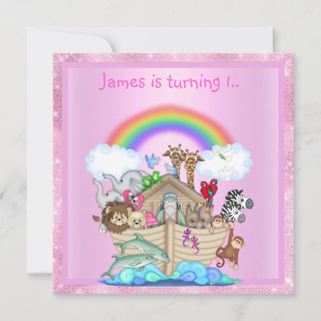 Noahs invitation animal d'arche PINK anniversaire  (Devant)