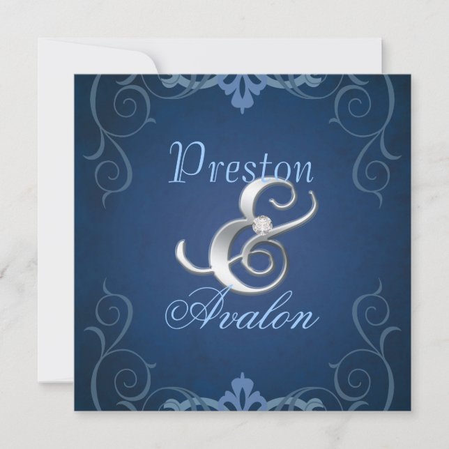 Nobel Blue Texture Silver Scroll Invitation (Front)