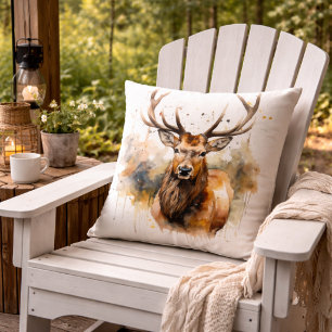 Noble Antlers: Woodland Elk Watercolor Art Throw Pillow
