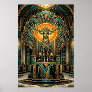 Noble Art Deco Stag Deer Golden Silhouette Poster
