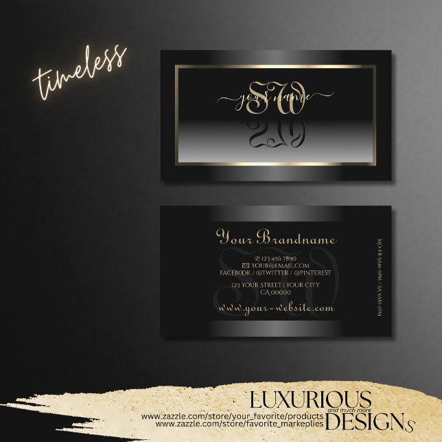 Noble Black and White Gradient Initials Light Gold Business Card (Creator Uploaded)