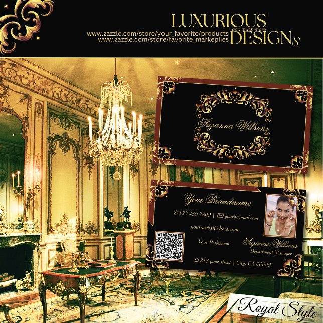 Noble Black Brown Gold with Photo and QR Code Business Card (Creator Uploaded)