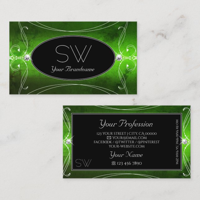 Noble Black Green Ornate Sparkle Diamonds Initials Business Card (Front/Back)