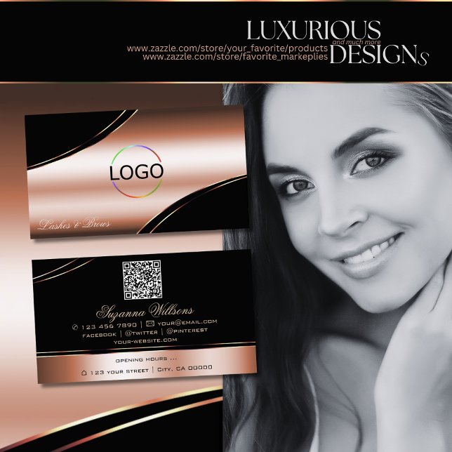Noble Black Rose Gold Curved Lines Logo QR Code Business Card (Creator Uploaded)