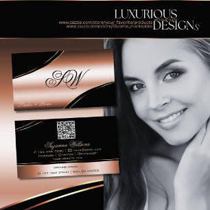 Noble Black Rose Gold Curved Lines Monogram QRCode Business Card