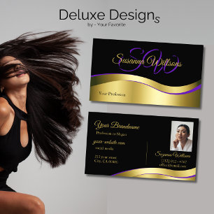 Noble Black Wavy Gold Decor with Initials Photo Business Card