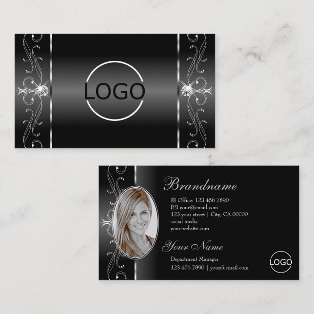 Noble Black White Squiggled Jewels Logo and Photo Business Card (Front/Back)