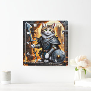 Noble Cat in Armour Holding Sword and Shield Square Wall Clock