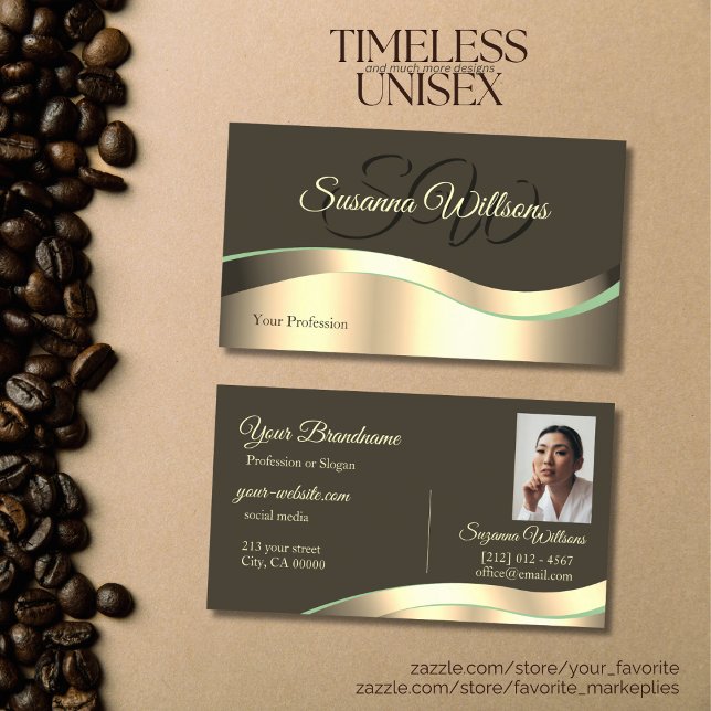 Noble Dark Brown Wavy Gold Decor Initials Photo Business Card (Creator Uploaded)