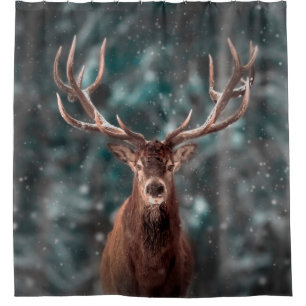 Noble deer male in winter snow forest. Artistic wi