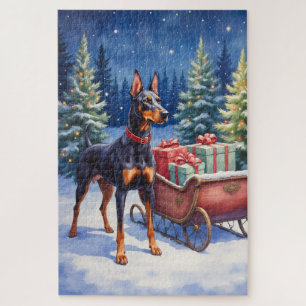 Noble Doberman Guarding Christmas Sleigh Winter Jigsaw Puzzle