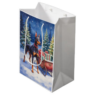 Noble Doberman Guarding Christmas Sleigh Winter Medium Gift Bag