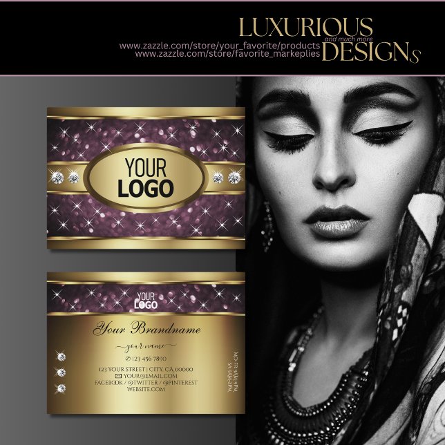 Noble Gold Purple Glitter Stars Diamonds add Logo Business Card (Creator Uploaded)