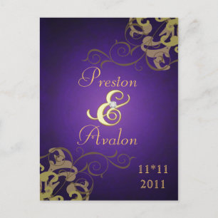 Noble Gold Scroll Purple Save The Date Postcard