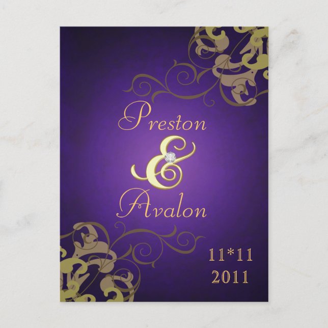 Noble Gold Scroll Purple Save The Date Postcard (Front)