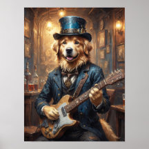 Noble golden Retriever playing guitar in pub