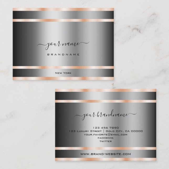 Noble Graphite Silver Shimmery Rose Golden Lines Business Card (Front/Back)