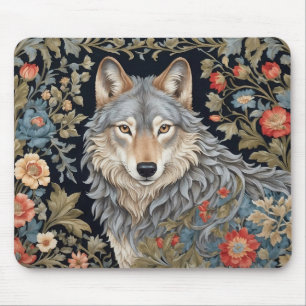 Noble Grey Wolf William Morris Inspired Mouse Pad