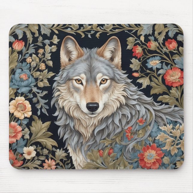 Noble Grey Wolf William Morris Inspired Mouse Pad (Front)
