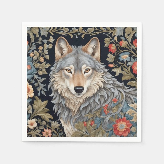 Noble Grey Wolf William Morris Inspired Napkin (Front)