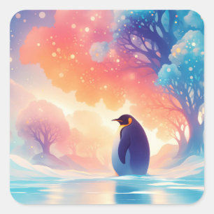 Noble Penguin on Frozen Lake with Magical Forest Square Sticker