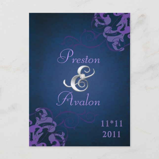 Noble Purple Scroll Blue Save The Date Postcard (Front)