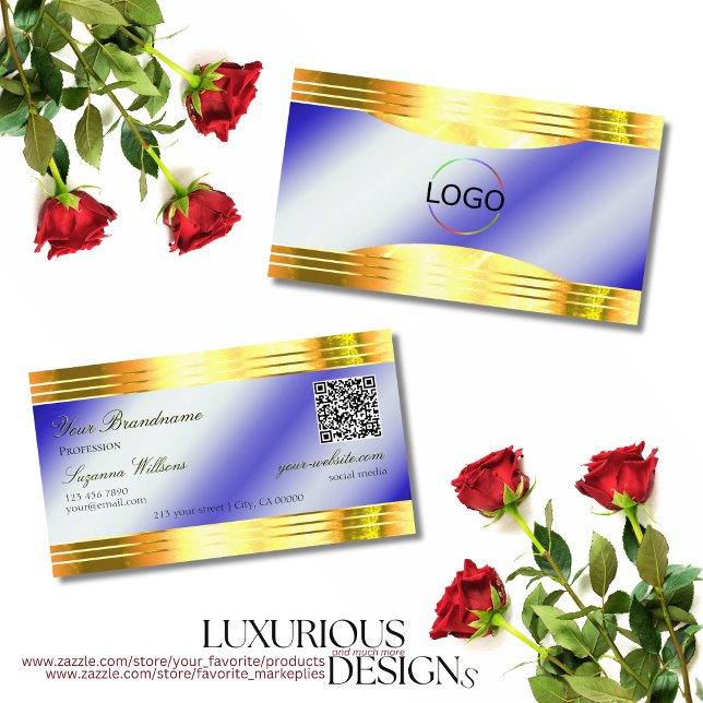 Noble Royal Blue Shiny Gold Borders Logo QR Code Business Card (Creator Uploaded)